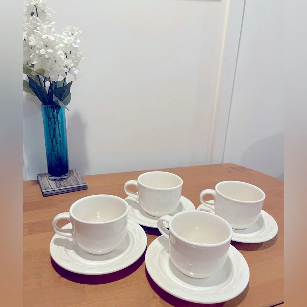 Classic White Pfaltzgraff Cup and Saucer Stoneware Set of 4, Acadia White